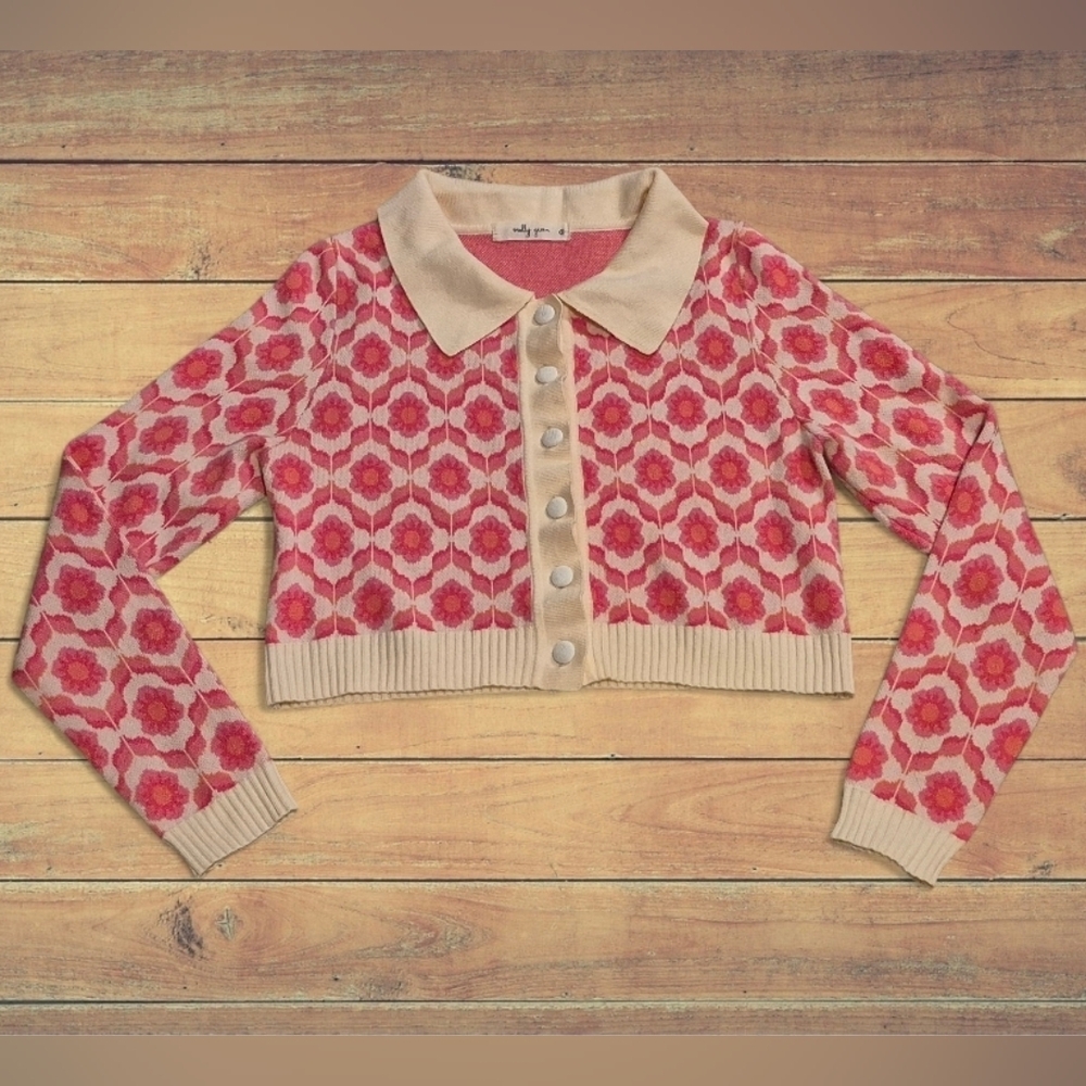 Molly Green 70's Retro Flower Cropped Cardigan XS-S EUC - Picture 2 of 11